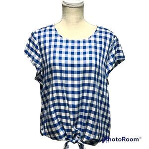 Beachlunchlounge blue gingham tie front cap sleeves pullover top